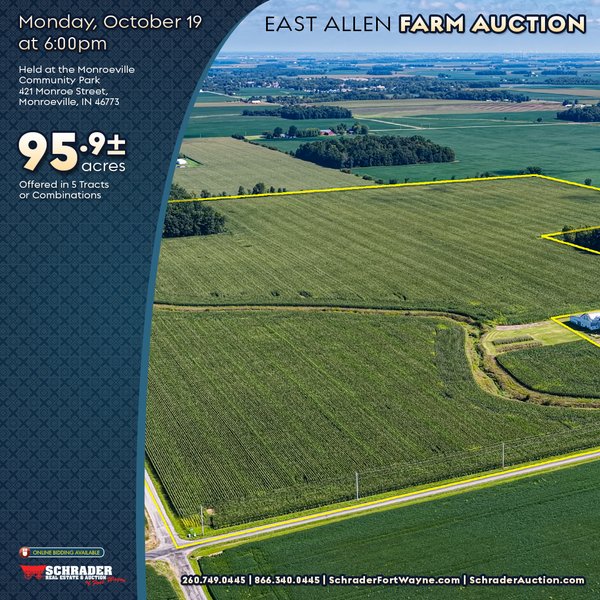 FARMLAND AUCTION - 95.9+/-ACRES OFFERED IN 5 TRACTS IN ALLEN COUNTY, INDIANA - Surrounds 20033 Barkley Rd, Monroeville, IN 46773 - Allen County, Indiana
