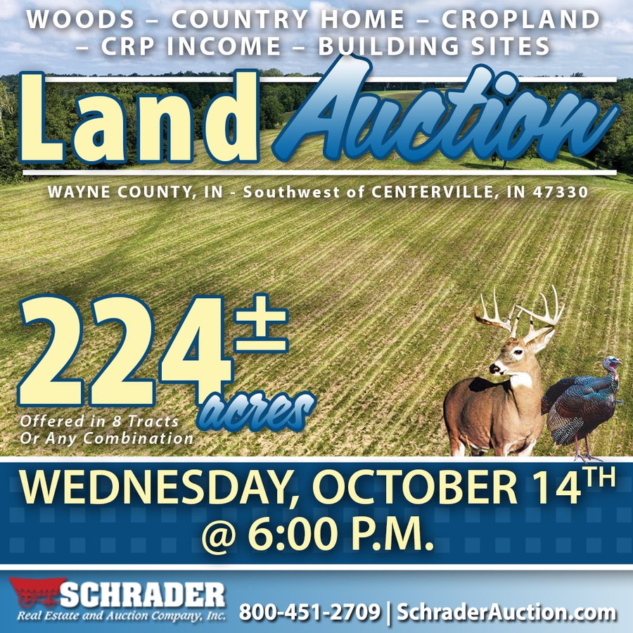 LAND AUCTION - 224+/-ACRES OFFERED IN 8 TRACTS IN WAYNE COUNTY, INDIANA
