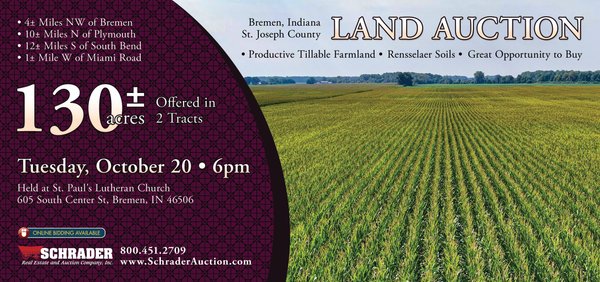 Sold: LAND AUCTION - 130+/-ACRES OF PRODUCTIVE FARMLAND OFFERED IN 2 TRACTS IN ST JOSEPH COUNTY, INDIANA - 18500 Shively Rd, Bremen, IN 46506 - St Joseph County, Indiana
