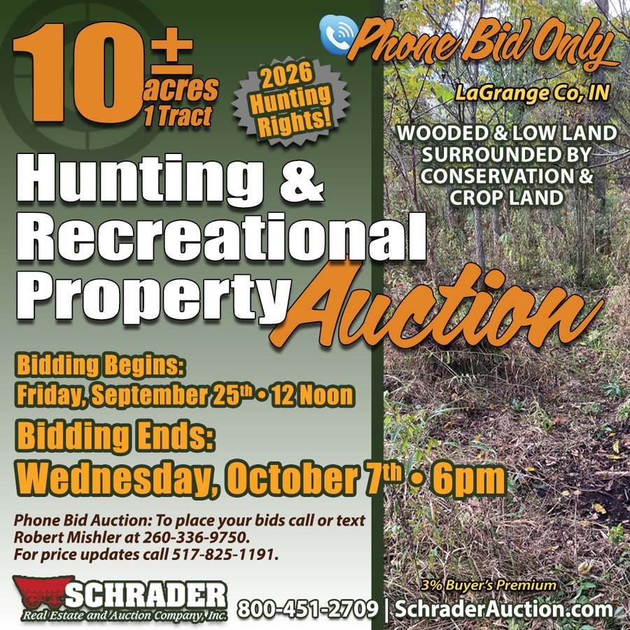 PHONE BID ONLY HUNTING & RECREATIONAL PROPERTY AUCTION - 10+/-ACRES OFFERED IN 1 TRACT IN LAGRANGE COUNTY, INDIANA