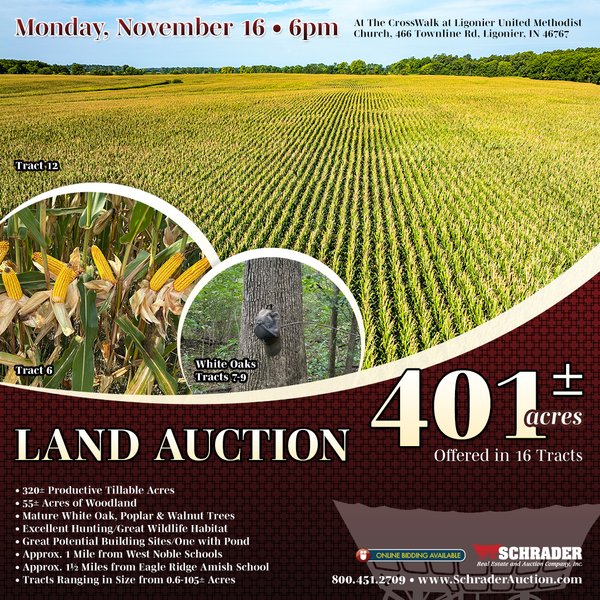 LAND AUCTION - 401+/-ACRES OFFERED IN 16 TRACTS IN NOBLE COUNTY, INDIANA - W 500 N, Ligonier, IN 46767 - Noble County, Indiana