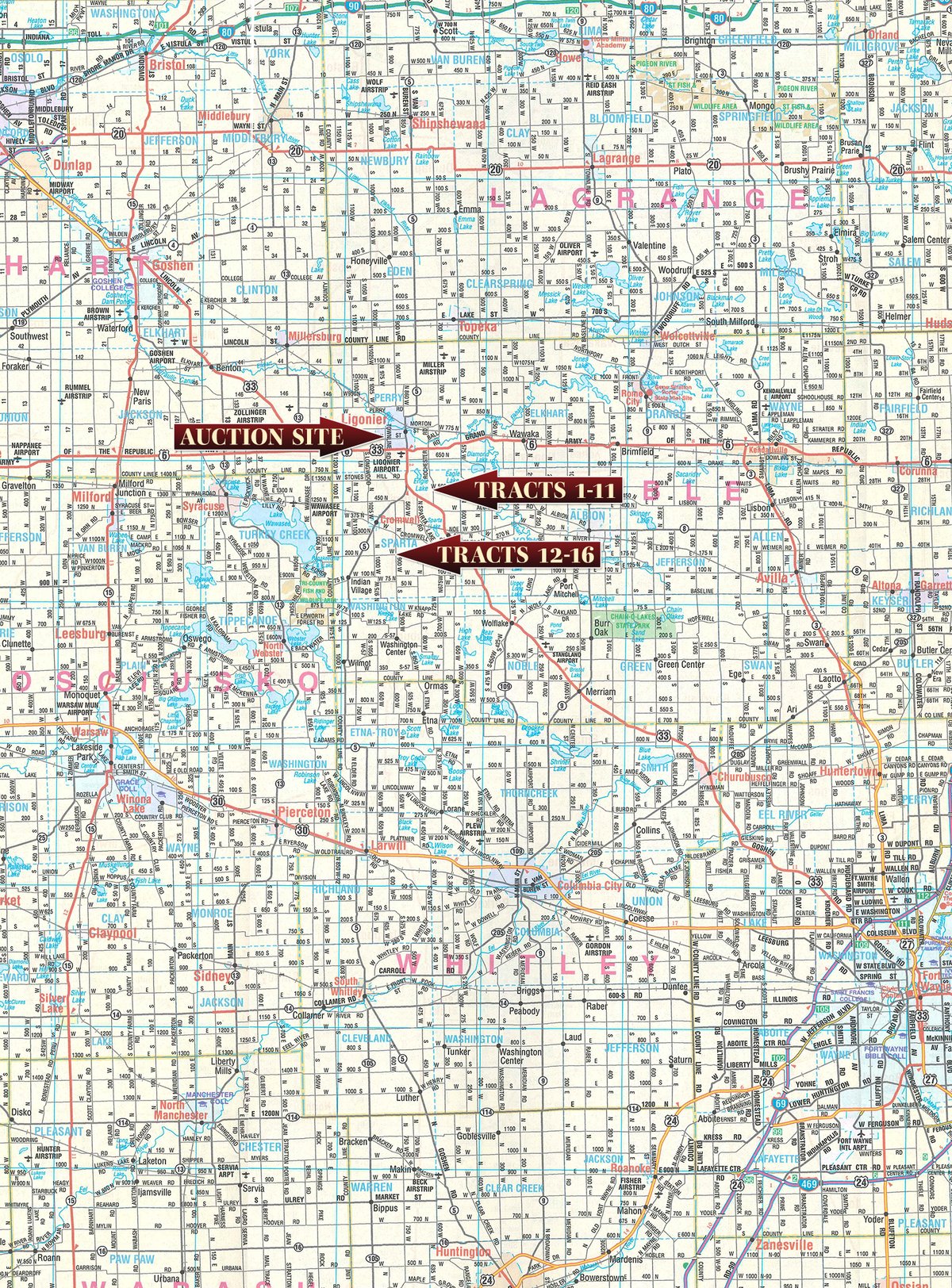 Area map - LAND AUCTION - 401+/-ACRES OFFERED IN 16 TRACTS IN NOBLE COUNTY, INDIANA