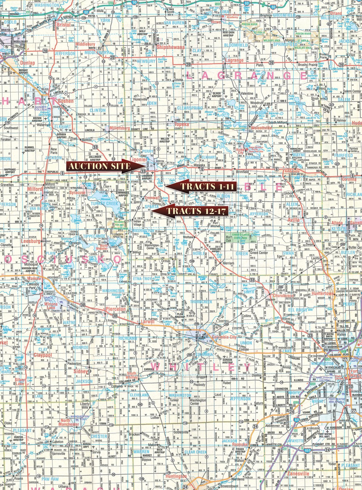 Area map - LAND AUCTION - 401+/-ACRES OFFERED IN 17 TRACTS IN NOBLE COUNTY, INDIANA