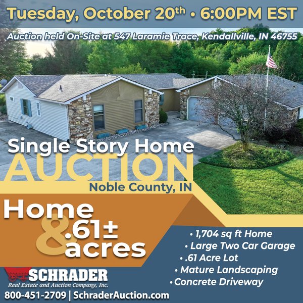 REAL ESTATE AUCTION - .61+/-ACRES OFFERED IN 1 TRACT IN NOBLE COUNTY, INDIANA