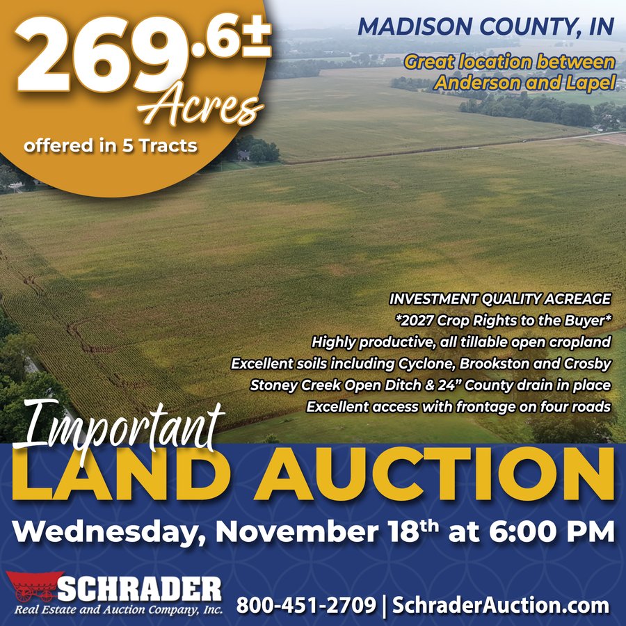 LAND AUCTION - 269.6+/-ACRES OFFERED IN 5 TRACTS IN MADISON COUNTY, INDIANA