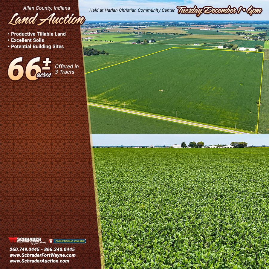 LAND AUCTION - 66+/-ACRES OFFERED IN 3 TRACTS IN ALLEN COUNTY, INDIANA