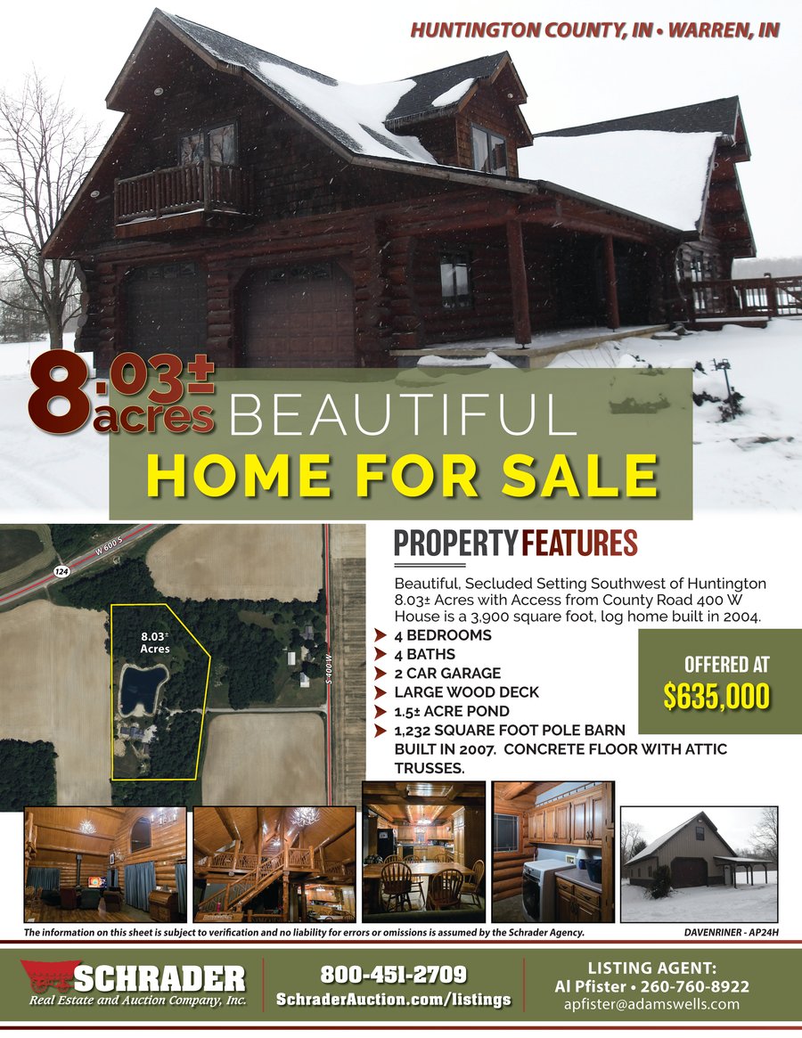 For sale: REAL ESTATE FOR SALE - 8.03+/-ACRES IN HUNTINGTON COUNTY, INDIANA - 6420 S 400 W Warren, IN 46792