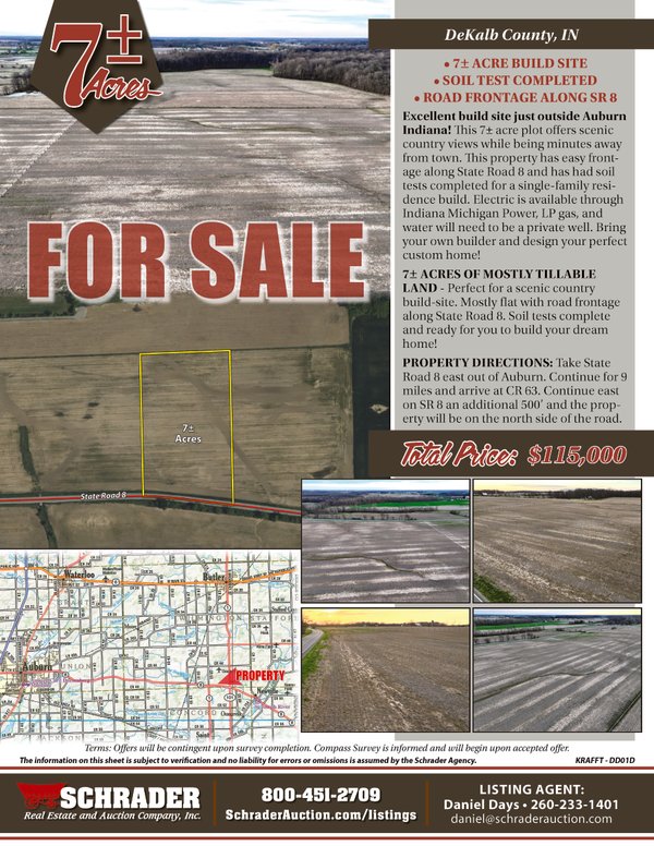 Listing brochure cover - LAND FOR SALE - 7+/-ACRES IN 1 TRACT IN DEKALB COUNTY, INDIANA