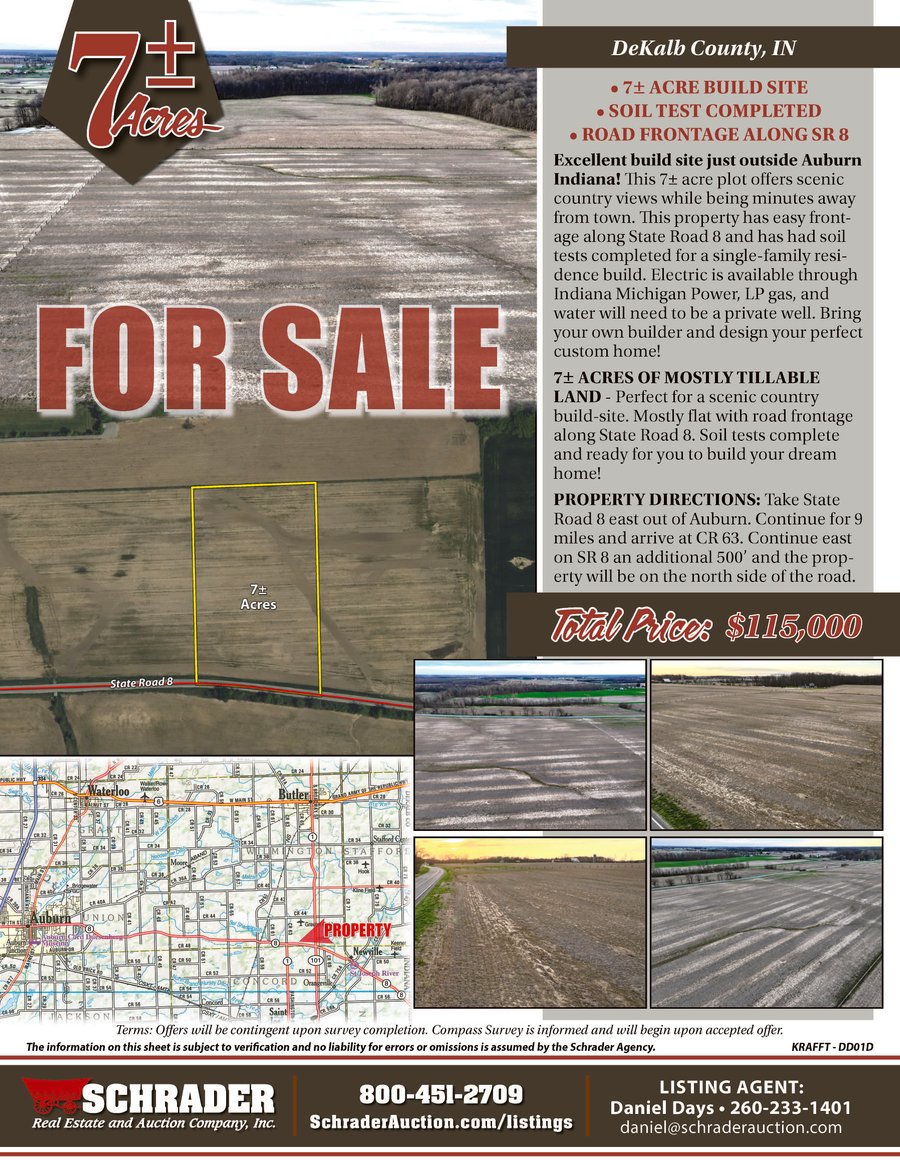 For sale: LAND FOR SALE - 7+/-ACRES IN 1 TRACT IN DEKALB COUNTY, INDIANA - St Rd 8, Auburn, IN 46706