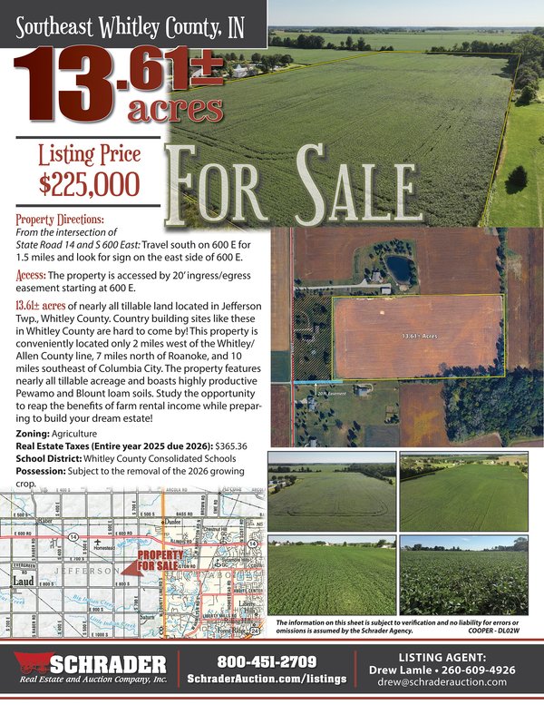 Listing brochure cover - LAND FOR SALE - 13.61+/-ACRES IN WHITLEY COUNTY, INDIANA