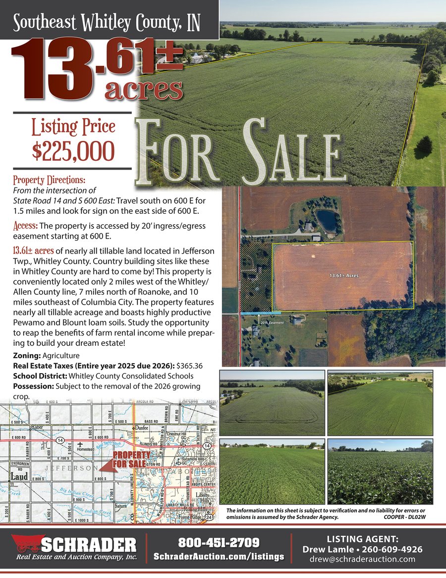 For sale: LAND FOR SALE - 13.61+/-ACRES IN WHITLEY COUNTY, INDIANA - S 600 E, Columbia City, IN 46725