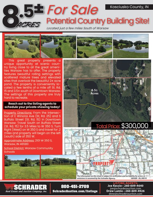 For sale: LAND FOR SALE - 8.5+/-ACRES IN KOSCIUSKO COUNTY, INDIANA - 2101 W 350 S, Warsaw, IN 46580