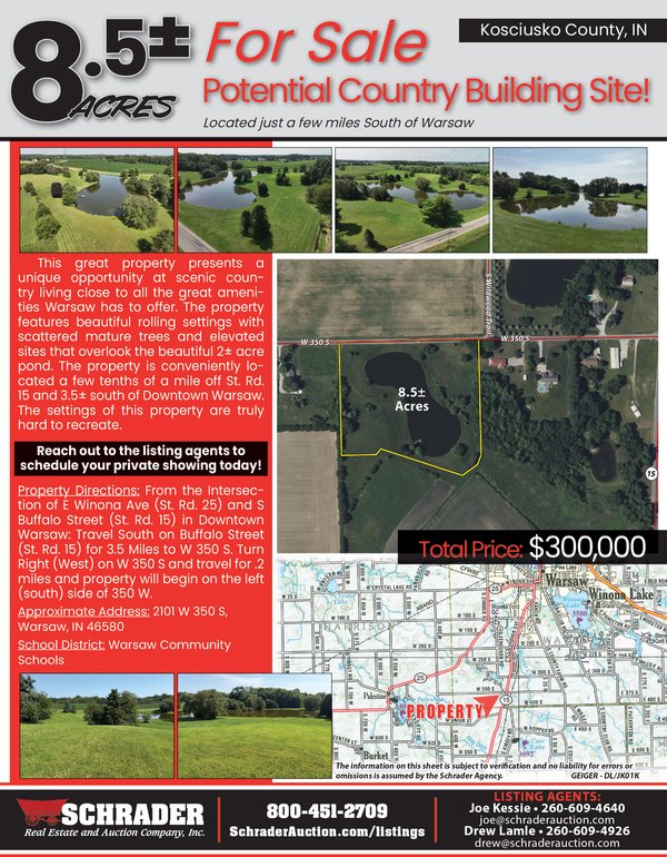 For sale: LAND FOR SALE - 8.5+/-ACRES IN KOSCIUSKO COUNTY, INDIANA - 2101 W 350 S, Warsaw, IN 46580