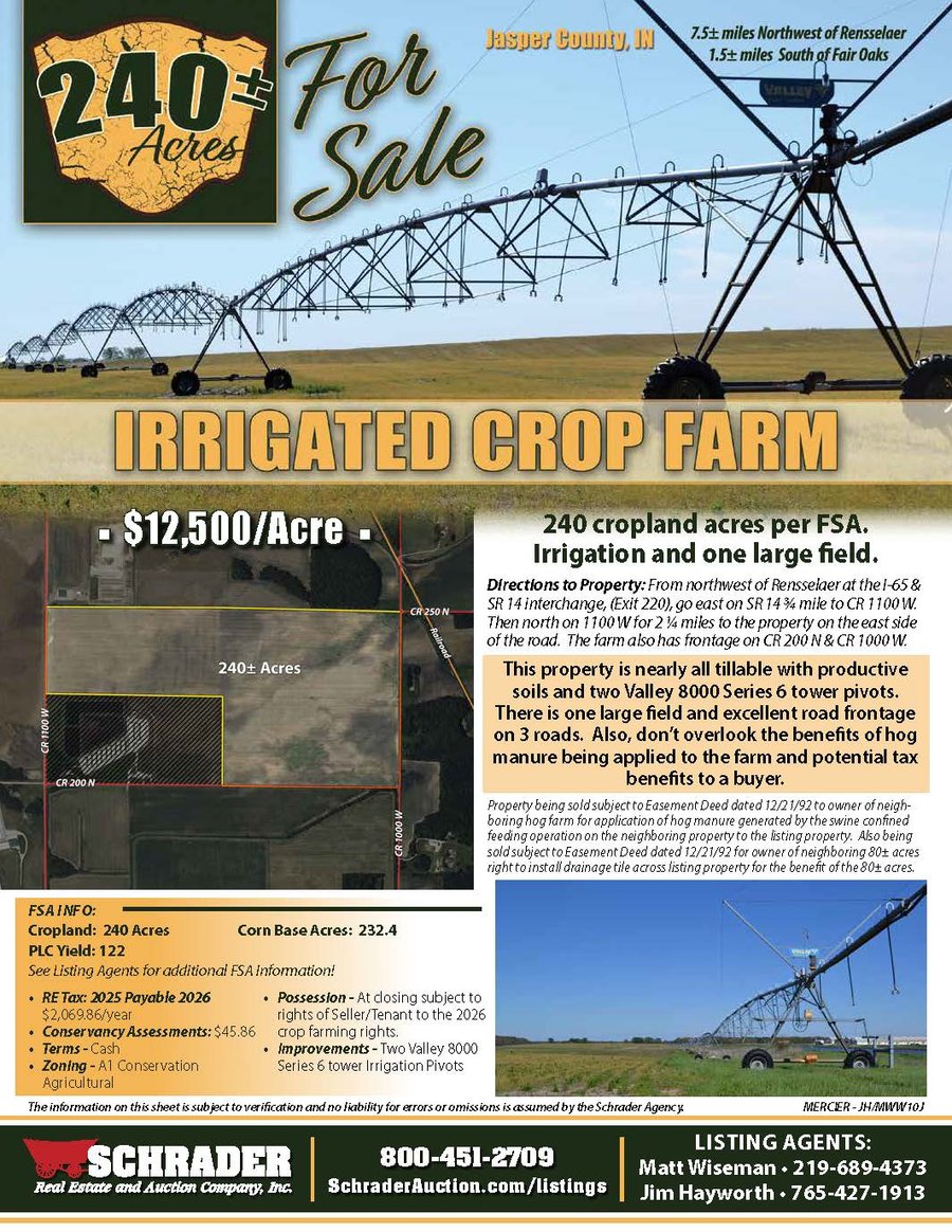 For sale: LAND FOR SALE - 240+/-ACRES IN JASPER COUNTY, INDIANA - CR 1000 W, 200 N & 1100 W, Fair Oaks, IN 47943