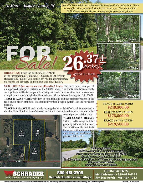 Listing brochure cover - LAND FOR SALE - 26.37+/-ACRES OFFERED IN 3 TRACTS IN JASPER COUNTY, INDIANA