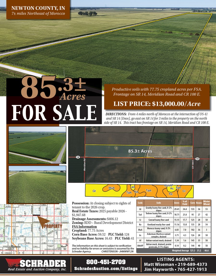For sale: LAND FOR SALE - 85.3+/-ACRES IN NEWTON COUNTY, INDIANA - St Rd 14, Morocco, IN 47963