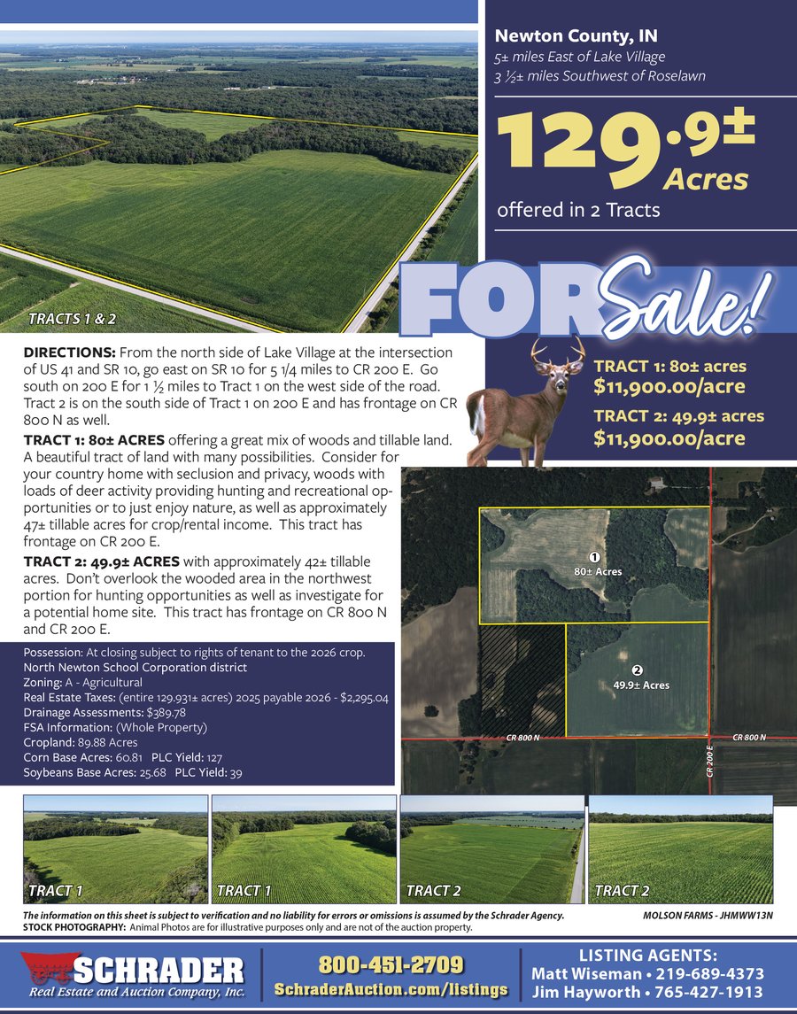 For sale: LAND FOR SALE - 129.9+/-ACRES OFFERED IN 2 TRACTS IN NEWTON COUNTY, INDIANA - N 200 E, Lake Village, IN 46349