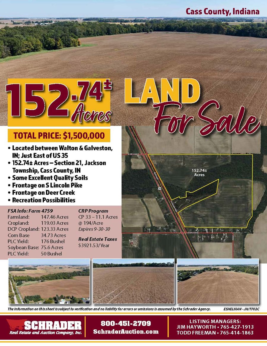 For sale: LAND FOR SALE -152.74+/-ACRES IN CASS COUNTY, INDIANA - CR 1150 S, WALTON, IN  46994