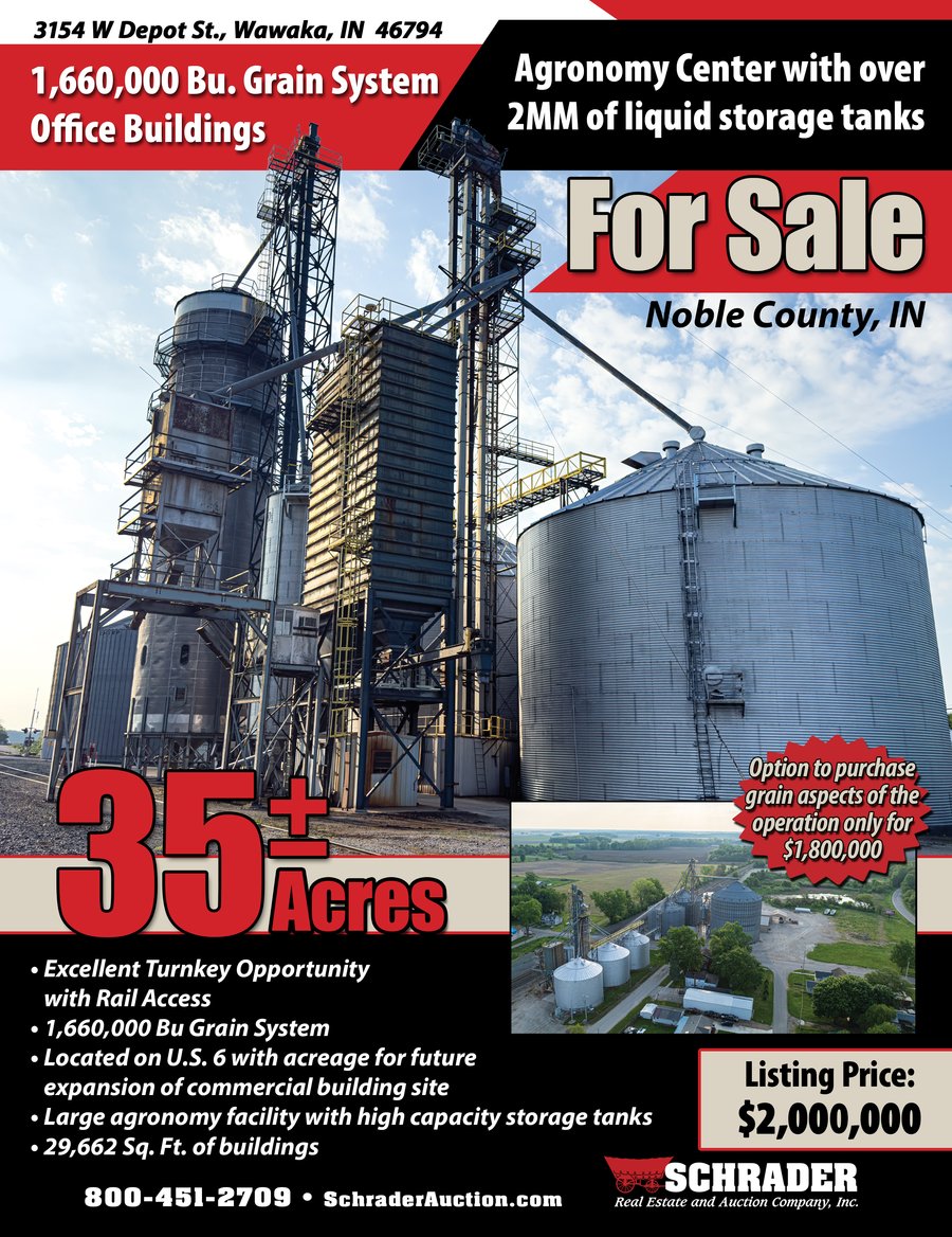 For sale: GRAIN FACILITY FOR SALE - 35+/-ACRES IN NOBLE COUNTY, INDIANA - 3154 W Depot St, Wawaka, IN 46794 - Noble County, Indiana