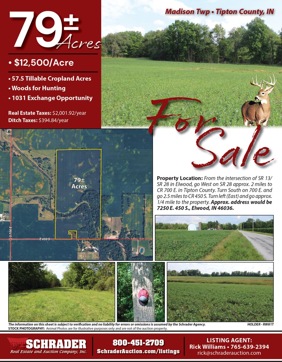 For sale: LAND FOR SALE - 79+/- ACRES OFFERED IN 1 TRACT IN TIPTON COUNTY, INDIANA - 7250 E 450 S, Elwood, IN 46036