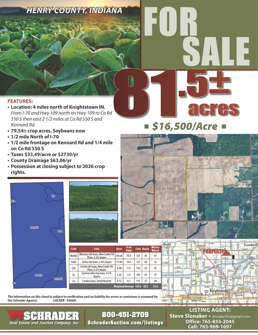 For sale: LAND FOR SALE - 81.5+/-ACRES IN HENRY COUNTY, INDIANA - W 550 S Knightstown, IN 46148
