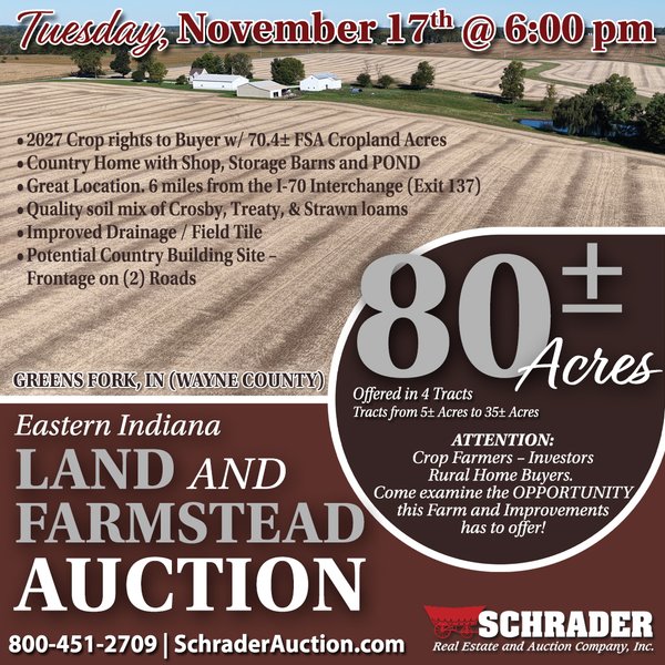 LAND AND FARMSTEAD AUCTION - 80+/-ACRES OFFERED IN 4 TRACTS IN WAYNE COUNTY, INDIANA - 5975 Manning Rd, Greens Fork, IN 47345 - Wayne County, Indiana