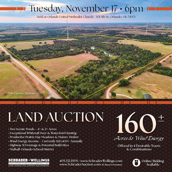 LAND AUCTION - 160+/-ACRES & WIND ENERGY OFFERED IN 4 TRACTS IN OKLAHOMA - Mulhull, OK 73063