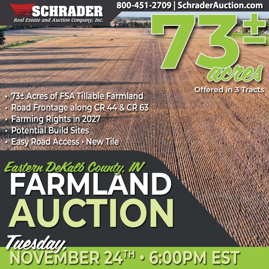 FARMLAND AUCTION - 73+/-ACRES OFFERED IN 3 TRACTS IN DEKALB COUNTY, INDIANA