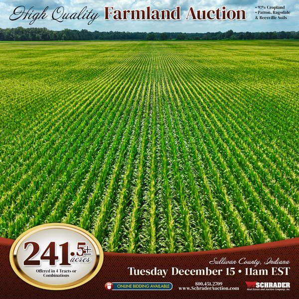 FARMLAND AUCTION - 241.5+/-ACRES OFFERED IN 4 TRACTS IN SULLIVAN COUNTY, INDIANA - 300 S, Sullivan, IN 47882 - Sullivan County, Indiana