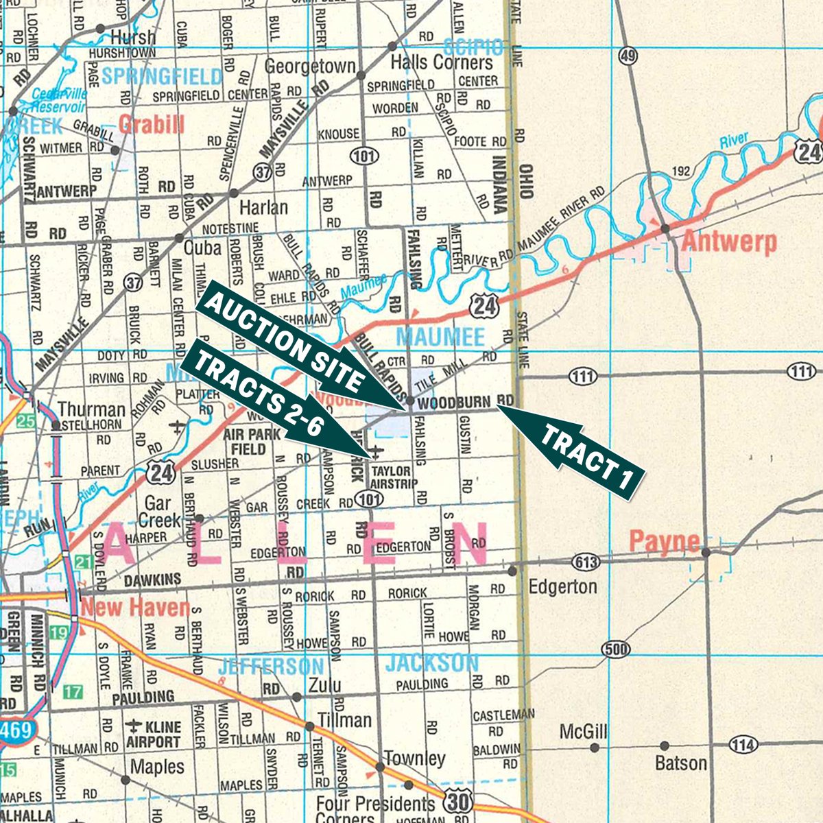 Area map - LAND AUCTION - 150+/-ACRES OFFERED IN 6 TRACTS IN ALLEN COUNTY, INDIANA