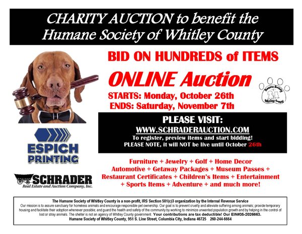 WHITLEY COUNTY HUMANE SOCIETY CHARITY AUCTION - 951 S Line St, Columbia City, IN 46725 - Whitley County, Indiana