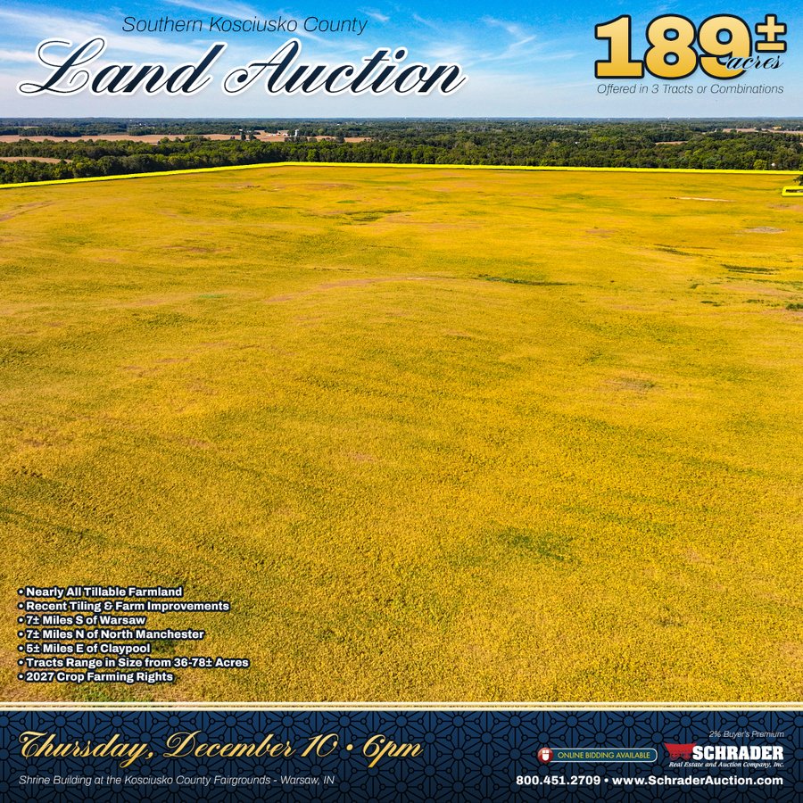LAND AUCTION - 189+/-ACRES OFFERED IN 3 TRACTS IN KOSCIUSKO COUNTY, INDIANA