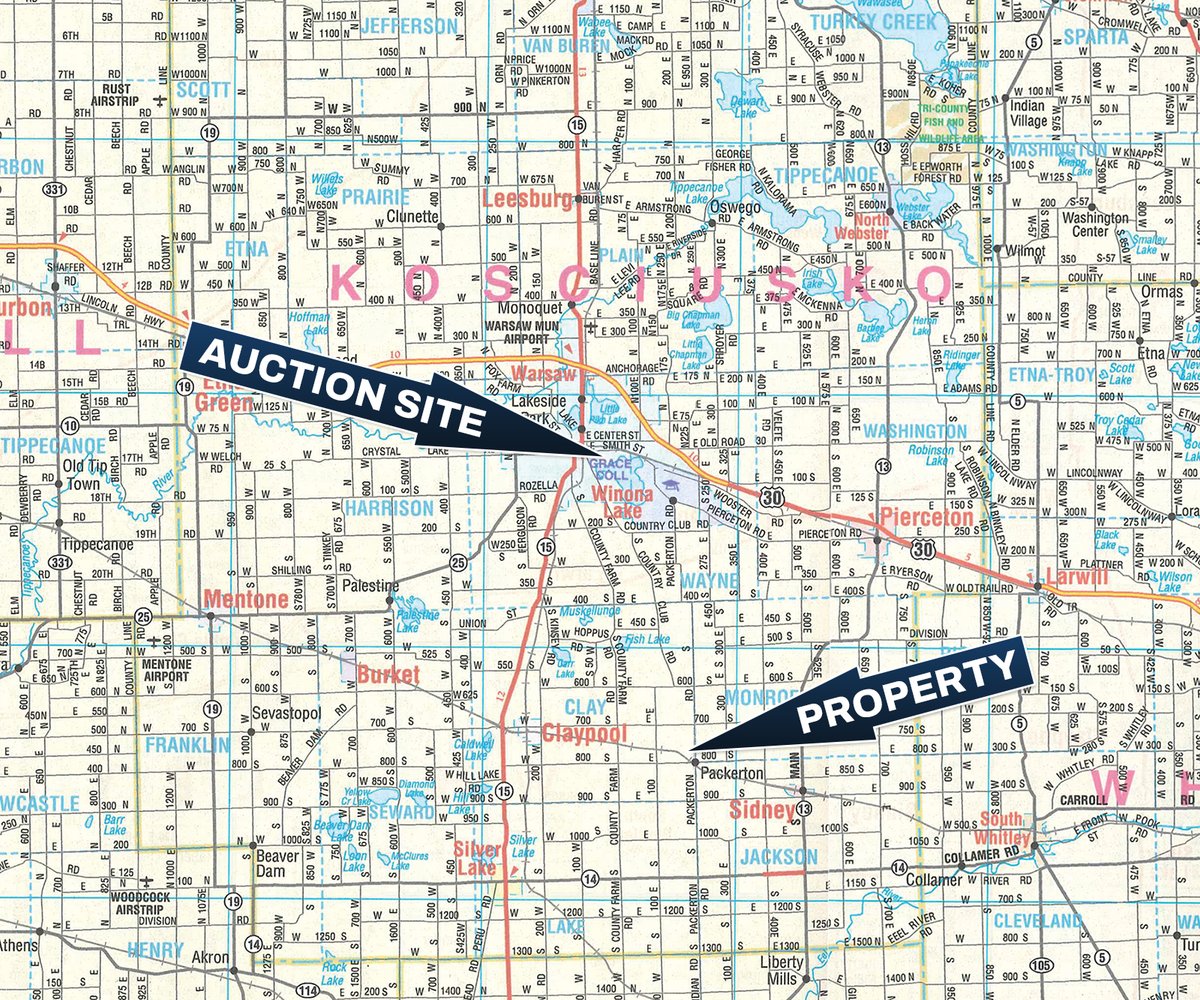 Area map - LAND AUCTION - 189+/-ACRES OFFERED IN 3 TRACTS IN KOSCIUSKO COUNTY, INDIANA