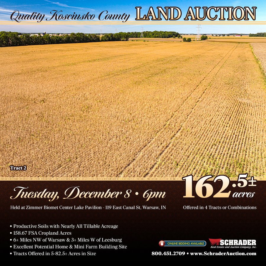 LAND AUCTION - 162.5+/-ACRES OFFERED IN 4 TRACTS IN KOSCIUSKO COUNTY, INDIANA