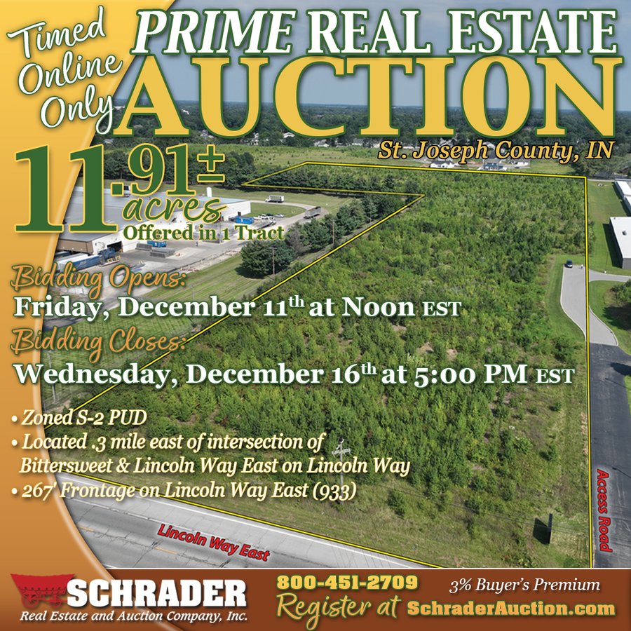 TIMED ONLINE REAL ESTATE AUCTION - 11.91+/-ACRES OFFERED IN 1 TRACT IN ST JOSEPH COUNTY, INDIANA