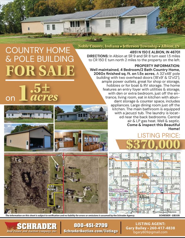 Listing brochure cover - COUNTRY HOME FOR SALE - 1.5+/-ACRES IN NOBLE COUNTY, INDIANA