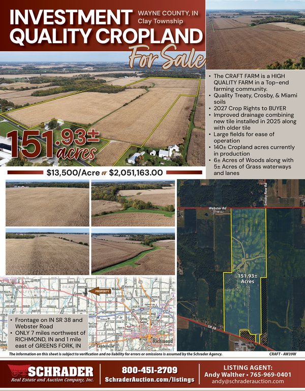 For sale: LAND FOR SALE - 151.93+/-ACRES IN WAYNE COUNTY, INDIANA - Webster Road and SR 38 Frontage, Greens Fork, IN 47345